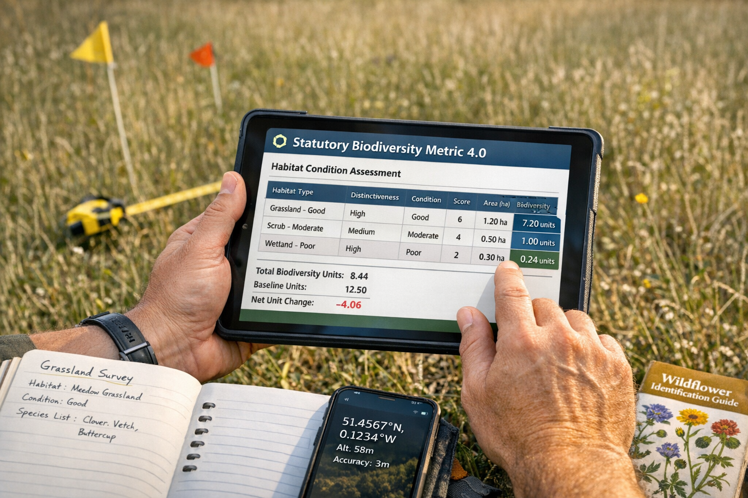 Detailed () image showing close-up of professional ecologist hands holding tablet displaying Statutory Biodiversity Metric