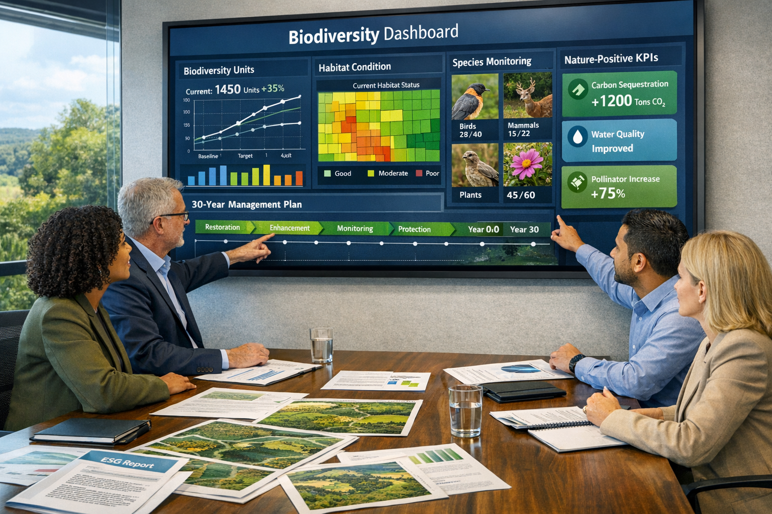 Detailed () image showing modern corporate boardroom scene with sustainability team reviewing large wall-mounted monitor
