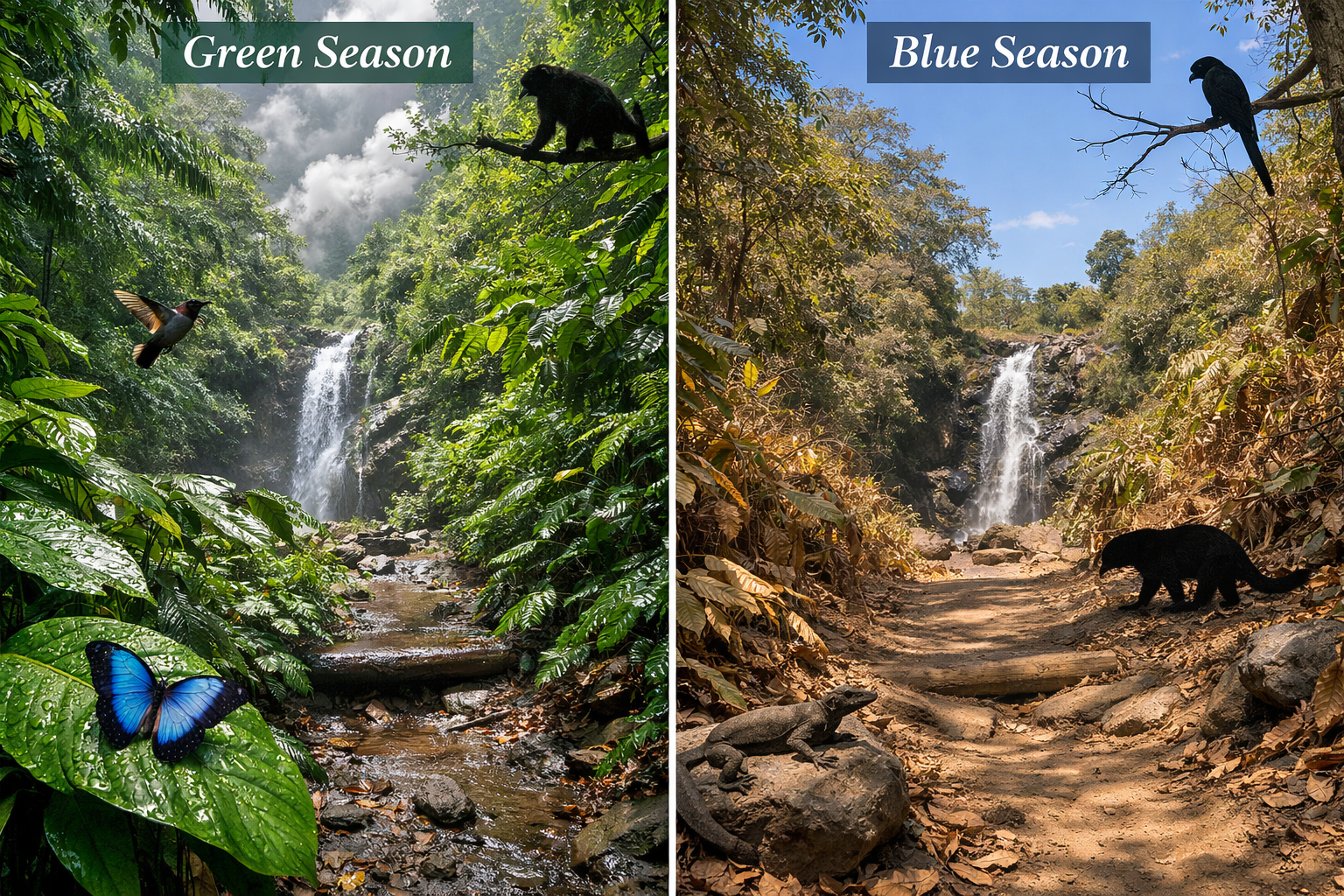 () editorial photograph showing side-by-side seasonal comparison of the same Osa Peninsula rainforest trail location. Left