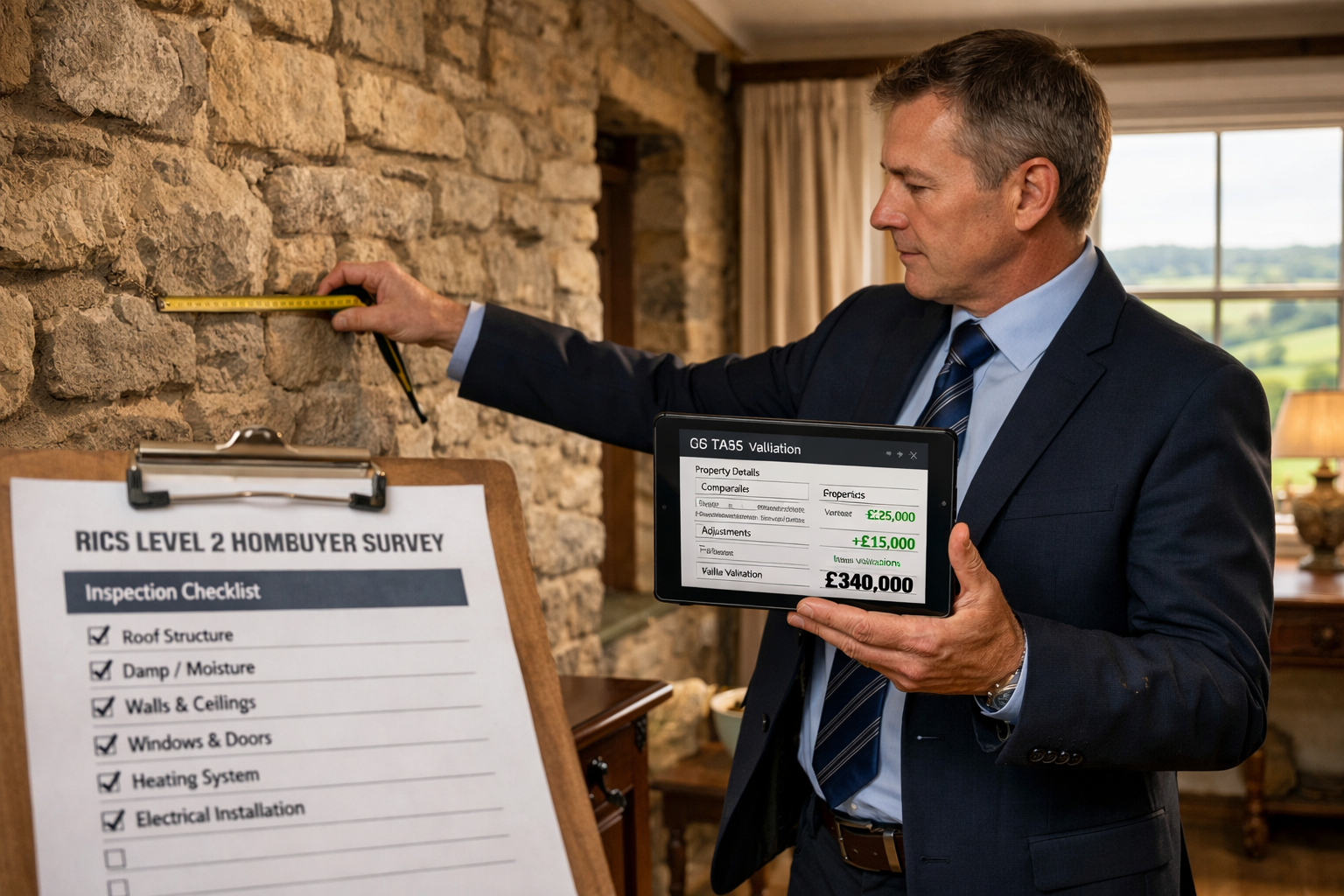 Detailed () image showing professional chartered surveyor in business attire conducting property valuation inspection inside