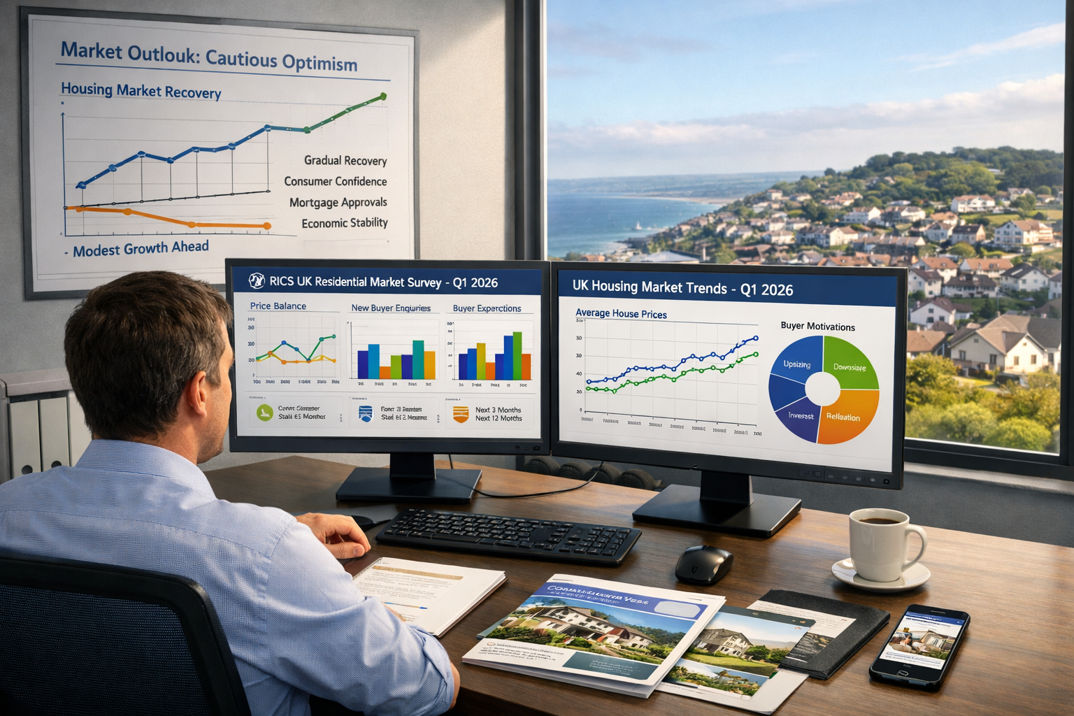 Detailed () image showing modern estate agent office in South West England with large window overlooking coastal town or