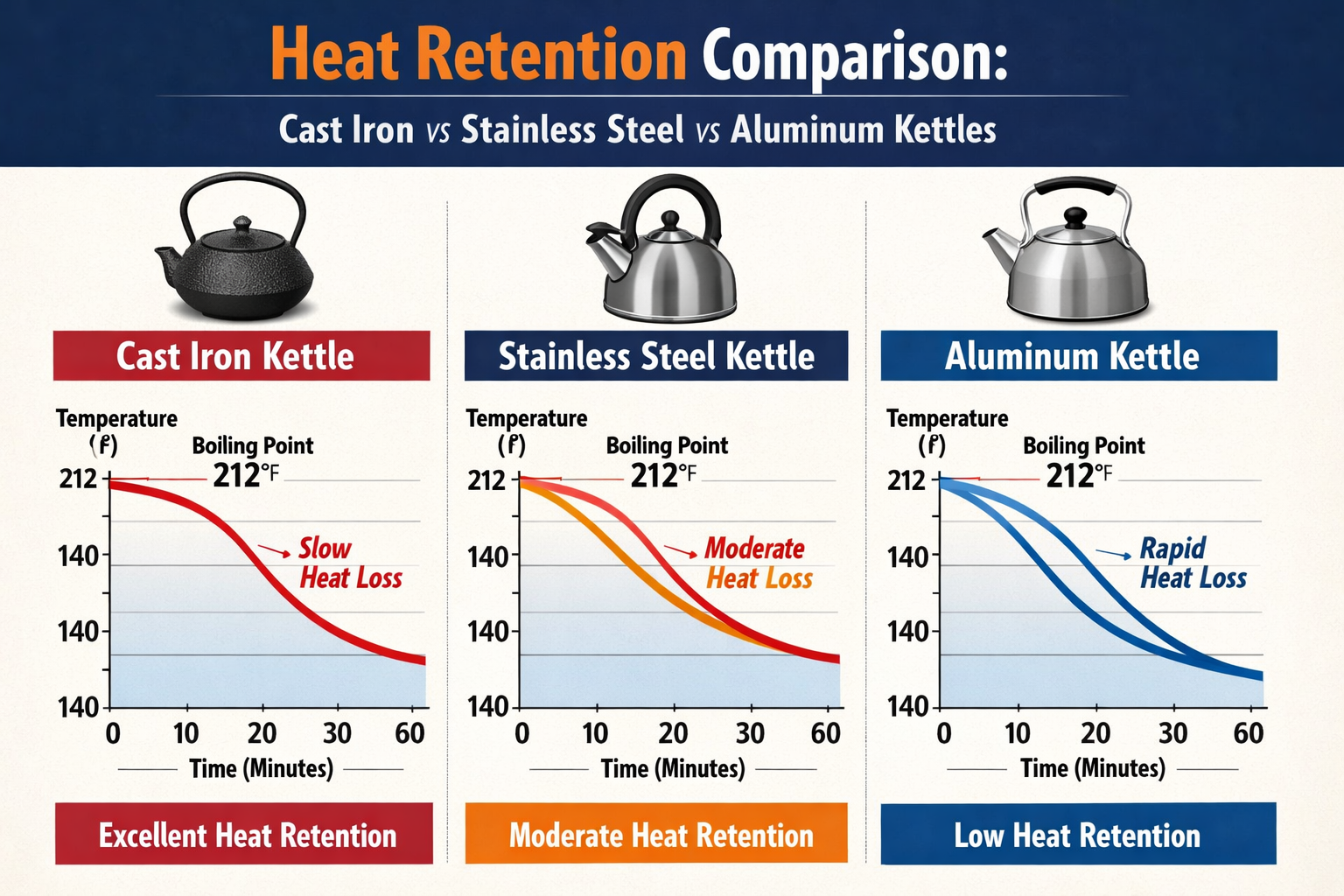 Infographic showing heat retention comparison: cast iron vs stainless steel vs aluminum kettles with temperature graphs over time