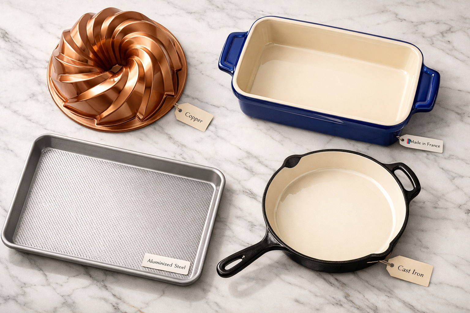 Digital illustration, graphic design style, Detailed landscape format (1536x1024) editorial image showing a flat-lay overhead composition of premium luxury bakeware pieces on a white marble surface: a copper bundt pan, a French ceramic baking dish in cobalt blue, a heavy-gauge aluminized steel sheet pan, and a cast iron skillet with enamel finish. Soft diffused studio lighting highlights the material textures and craftsmanship. Small price tags and brand labels subtly visible. Clean, aspirational, high-end kitchen product photography style. No text overlay. Warm neutral tones with gold accents. Luxury Bakeware Reviews 