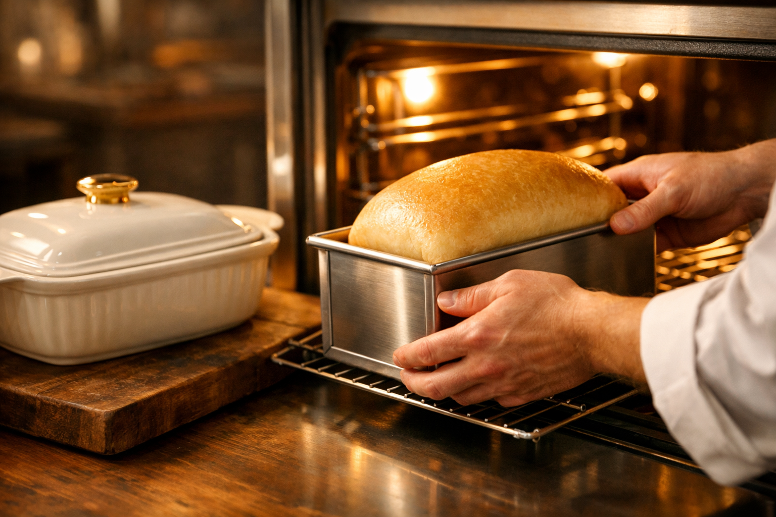 Digital illustration, graphic design style, Detailed landscape format (1536x1024) editorial image showing a side-angle close-up of a baker's hands placing a perfectly risen golden loaf into a gleaming stainless steel Pullman pan inside a professional oven, with warm ambient light glowing from the oven interior. A second luxury ceramic baking dish sits on a wooden prep board nearby. The scene conveys craftsmanship, precision, and premium baking quality. Rich warm tones, shallow depth of field, food editorial photography style. No text overlay. Luxury Bakeware Reviews 