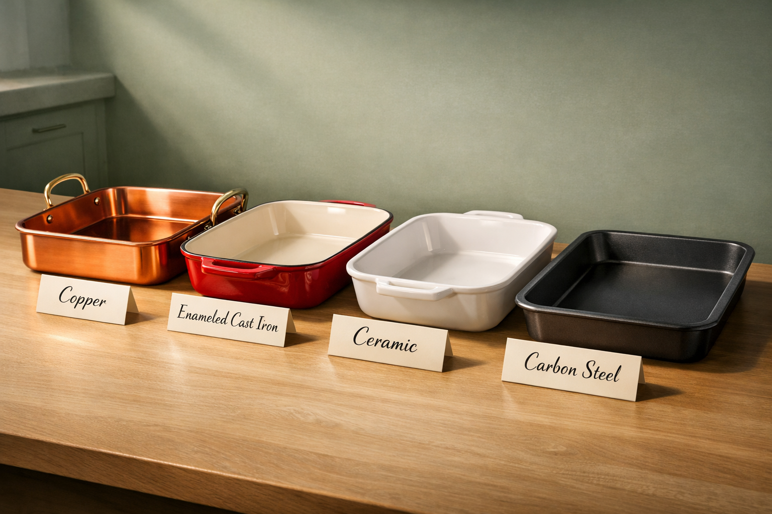 Digital illustration, graphic design style, Detailed landscape format (1536x1024) editorial comparison image showing a clean styled tabletop with four distinct luxury bakeware materials side by side: copper, enameled cast iron, ceramic, and heavy-gauge carbon steel. Each piece is labeled with a small elegant card showing material name. Shot from a 45-degree angle with soft directional studio lighting emphasizing surface finishes and weight. Background is a muted sage green kitchen setting. Premium product review aesthetic, magazine quality, no clutter.