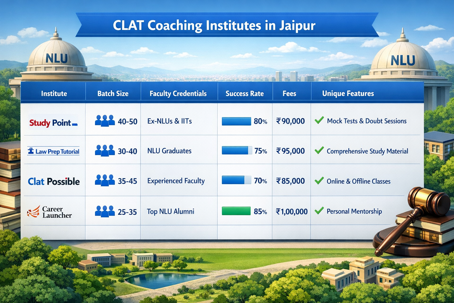 3D rendered, modern CGI, clean lighting, Detailed landscape infographic (1536x1024) showing comprehensive comparison table of CLAT coaching