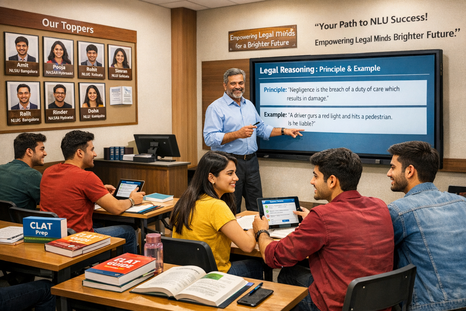 3D rendered, modern CGI, clean lighting, Professional landscape photograph (1536x1024) depicting interactive CLAT classroom scene in Jaipur