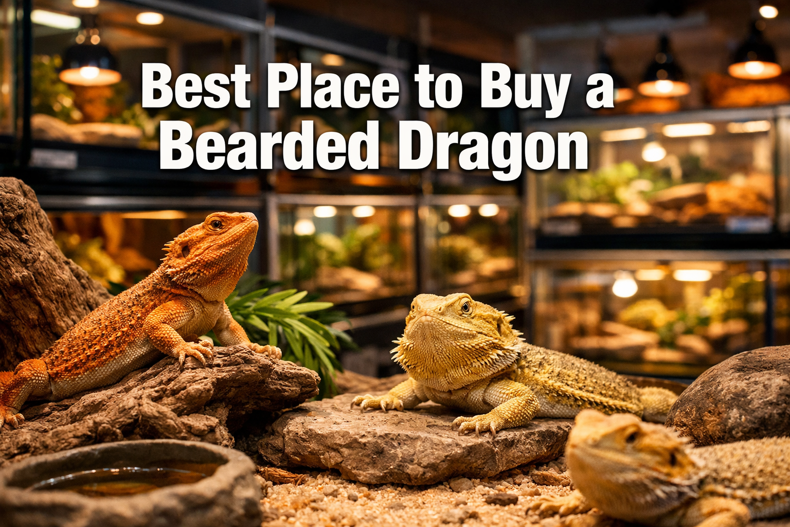 Professional landscape format (1536x1024) hero image featuring bold text overlay 'Best Place to Buy a Bearded Dragon' in extra large 72pt wh