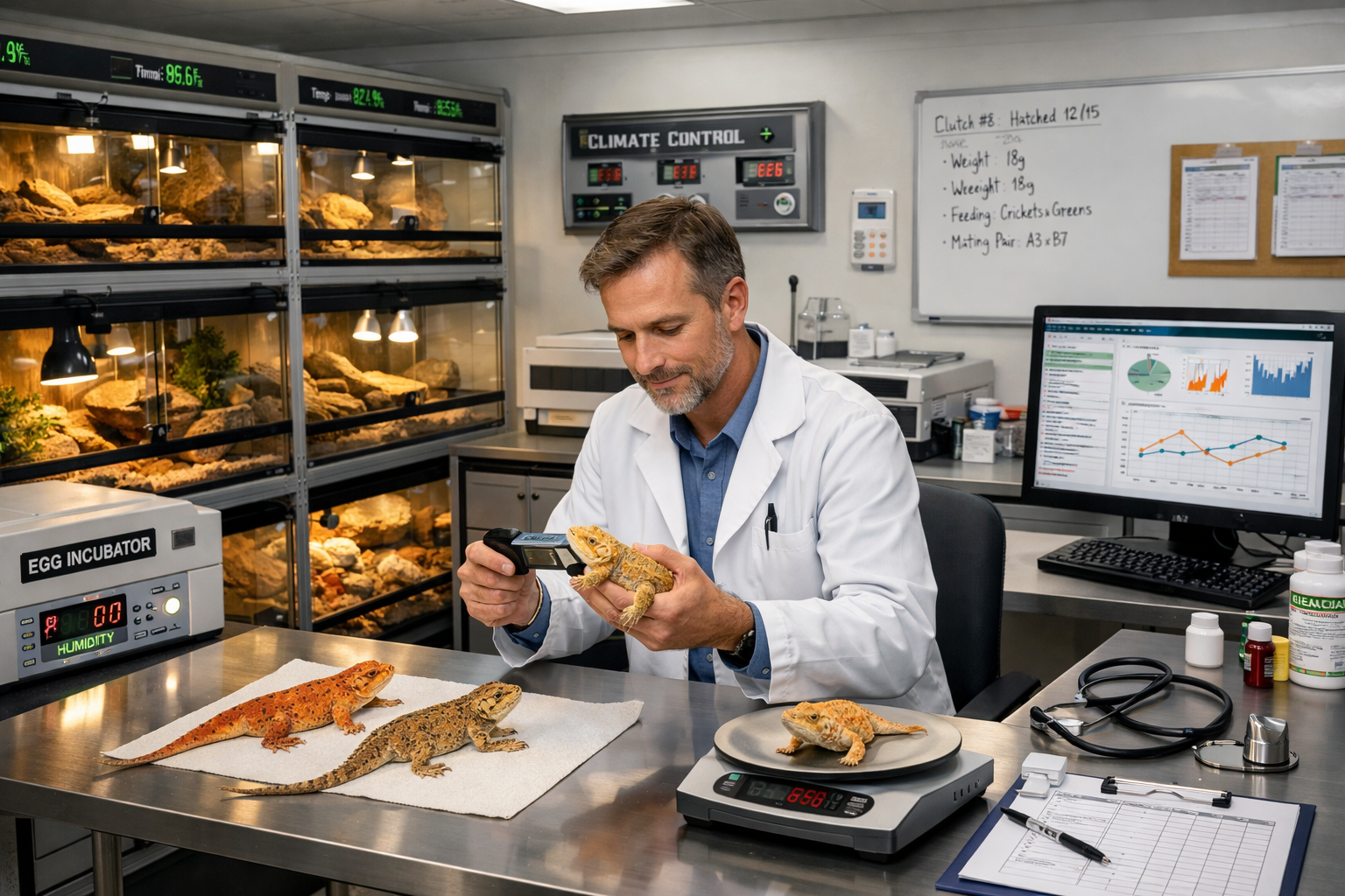 Detailed landscape format (1536x1024) image of professional reptile breeder facility showing climate-controlled rooms, multiple terrarium se