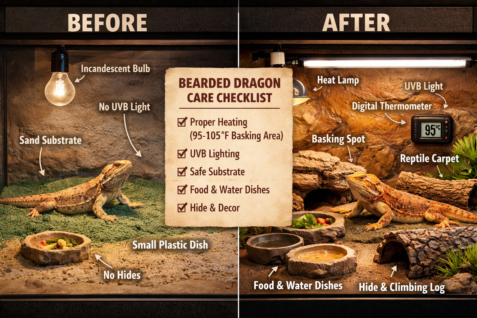 Comprehensive landscape format (1536x1024) visual guide showing bearded dragon care essentials - proper terrarium setup, heating elements, U