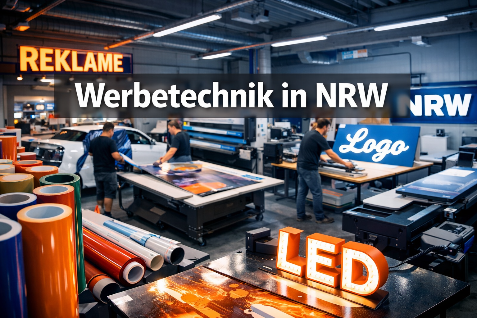 Professional landscape format (1536x1024) hero image featuring bold text overlay 'Werbetechnik in NRW' in extra large 72pt white sans-serif