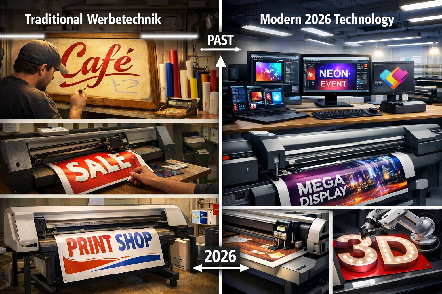 Landscape format (1536x1024) split-screen comparison image showing traditional Werbetechnik methods on left (hand-painted signs, manual viny