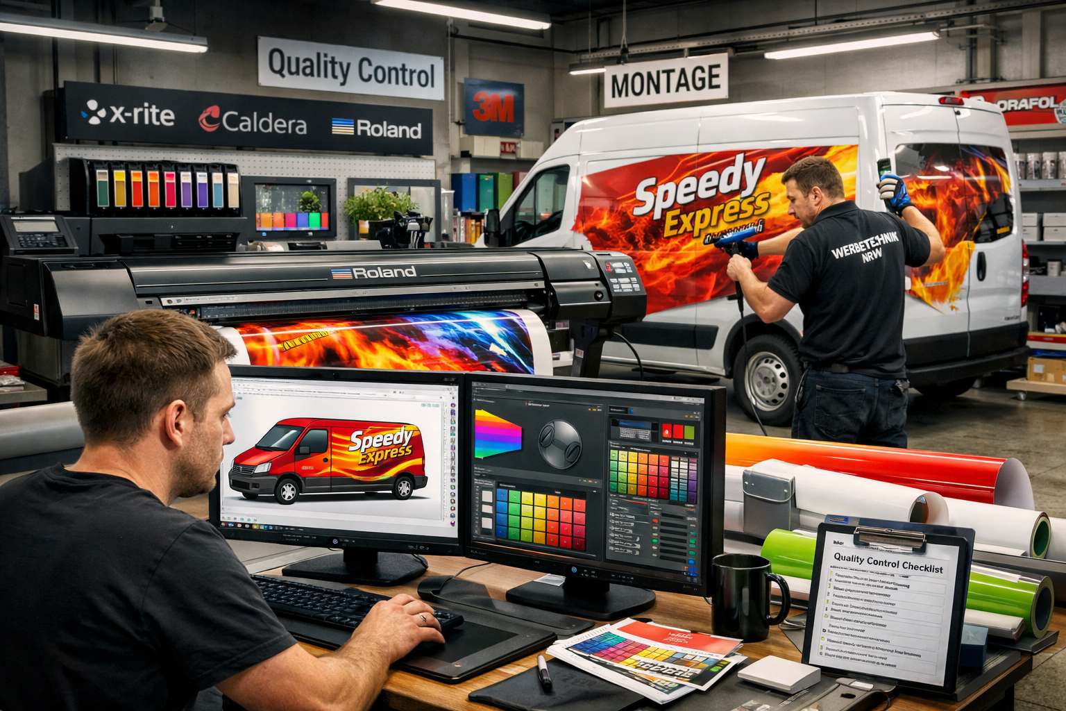 Landscape format (1536x1024) detailed workshop scene showing complete Werbetechnik production process in NRW facility. Foreground: designer