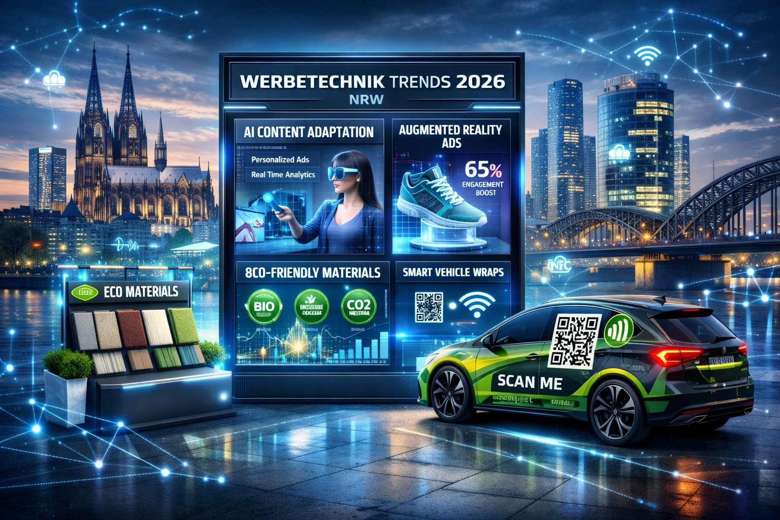 Landscape format (1536x1024) futuristic concept image showing 2026 Werbetechnik trends in NRW setting. Central focus: interactive digital si