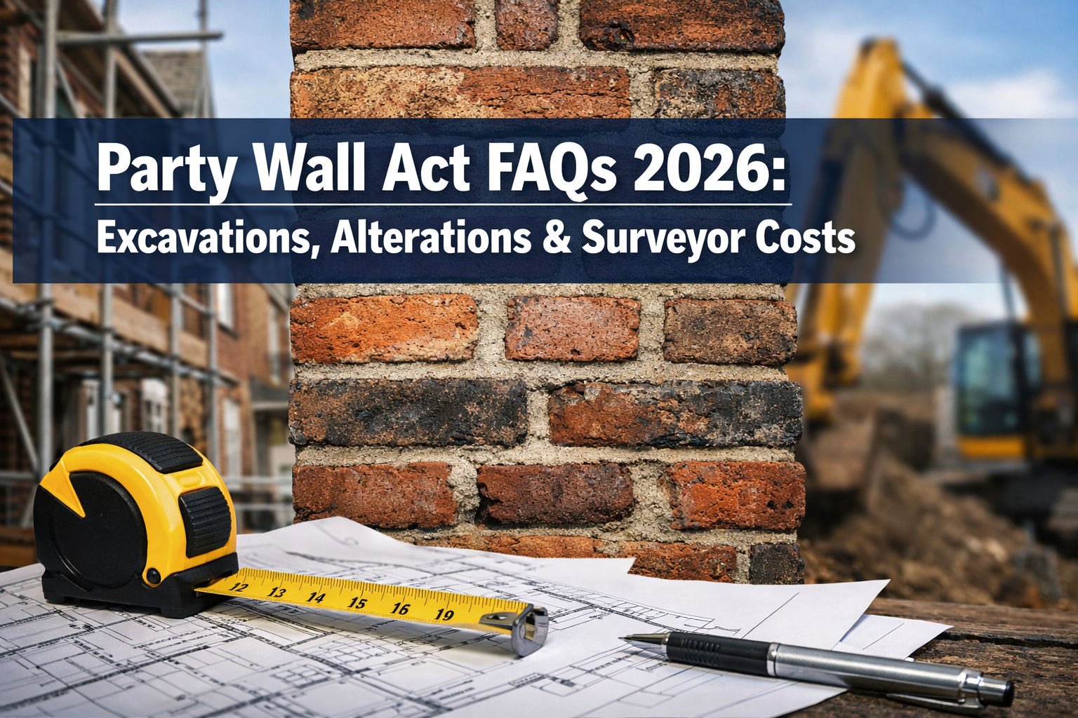 Professional () hero image featuring 'Party Wall Act FAQs 2026: Excavations, Alterations & Surveyor Costs' in extra large