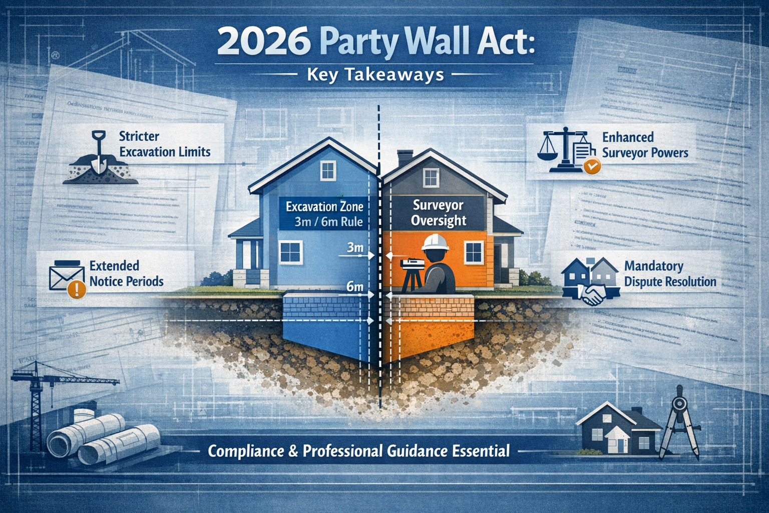 Infographic-style design visualizing 'Key Takeaways' for 2026 Party Wall Act regulations, featuring architectural blueprint