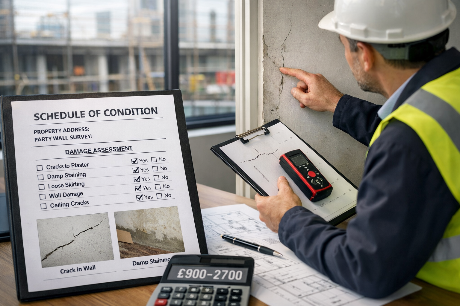 () professional photograph of party wall surveyor in hard hat and high-visibility vest examining shared wall with clipboard