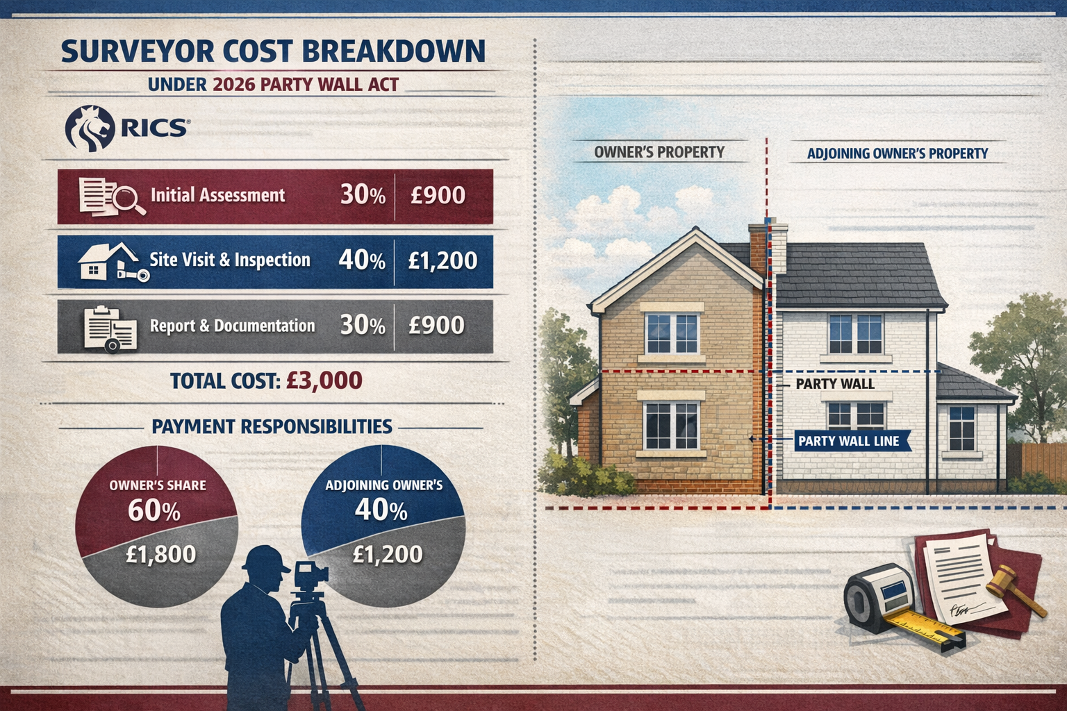 Professional financial-legal visualization depicting surveyor cost breakdown and payment responsibilities under 2026 Party
