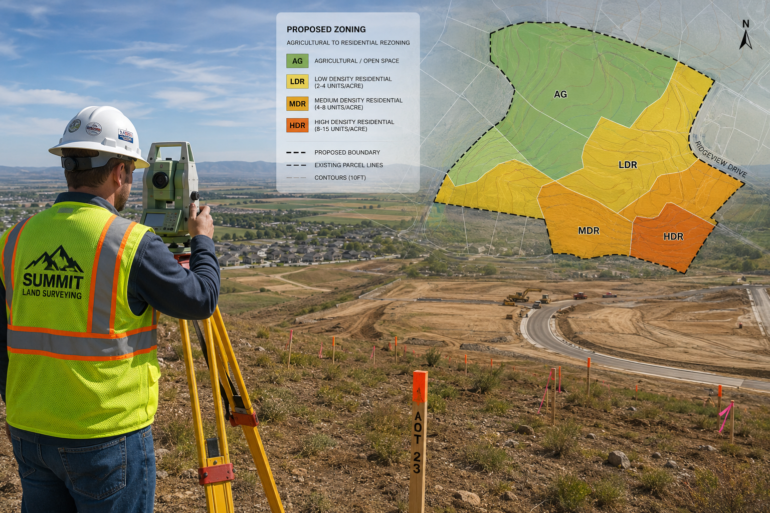 Detailed () illustration showing a land surveyor in high-visibility vest using a total station instrument on a hillside