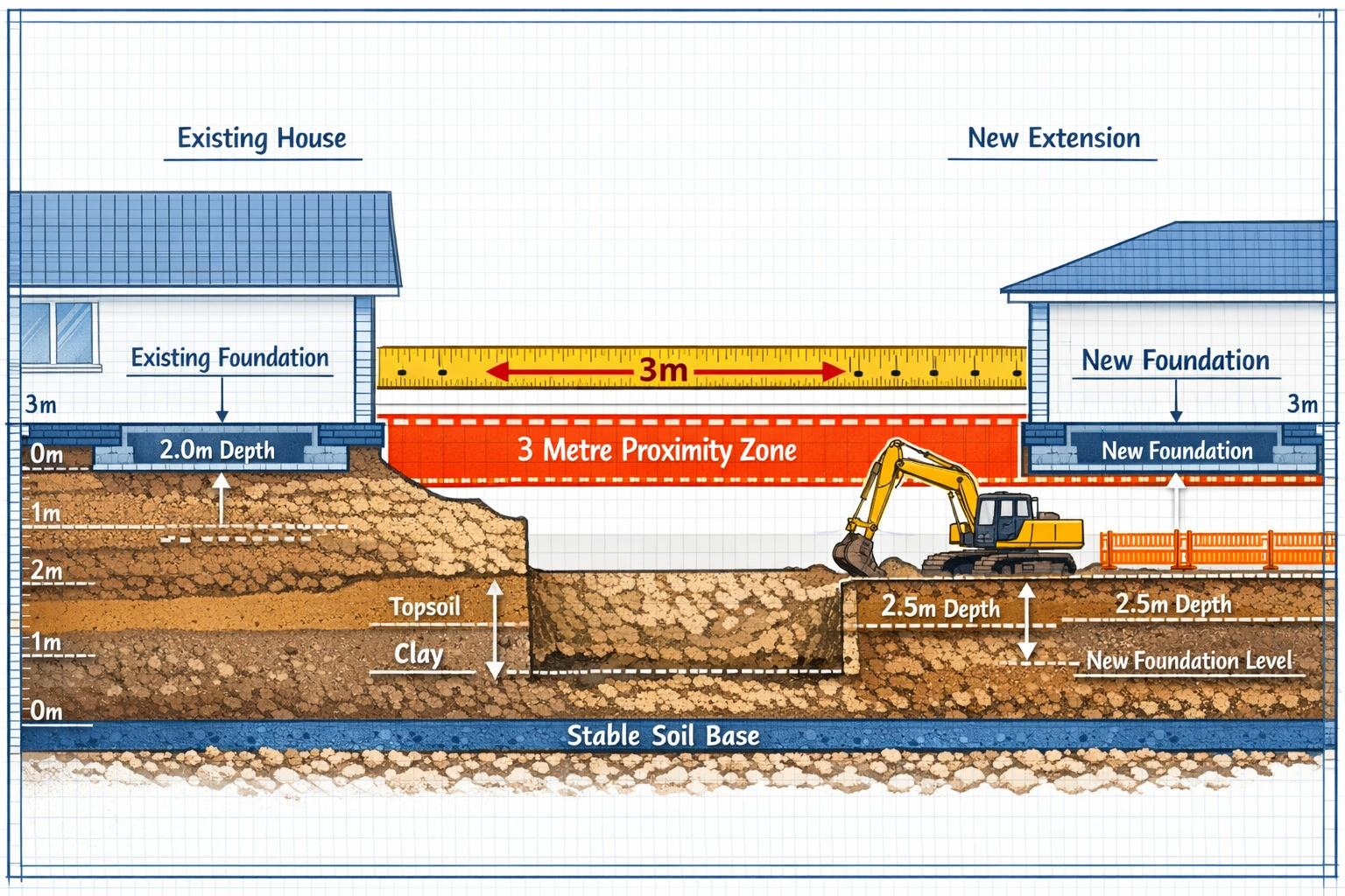Detailed landscape format (1536x1024) technical diagram showing cross-sectional view of two neighboring properties with foundation depths cl