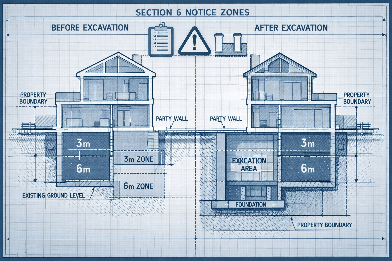 Professional architectural visualization depicting a cross-section of adjacent urban properties, highlighting excavation boundaries and part