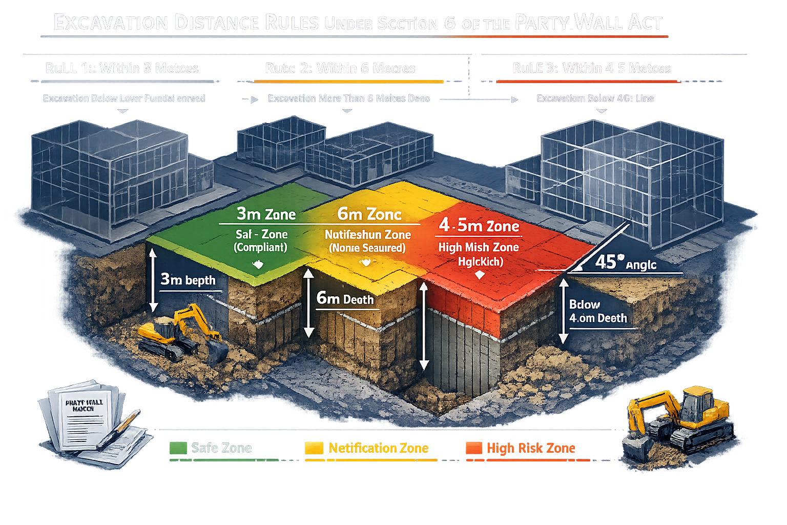 Detailed engineering infographic mapping three critical excavation distance rules under Section 6 of Party Wall Act. Isometric 3D diagram sh