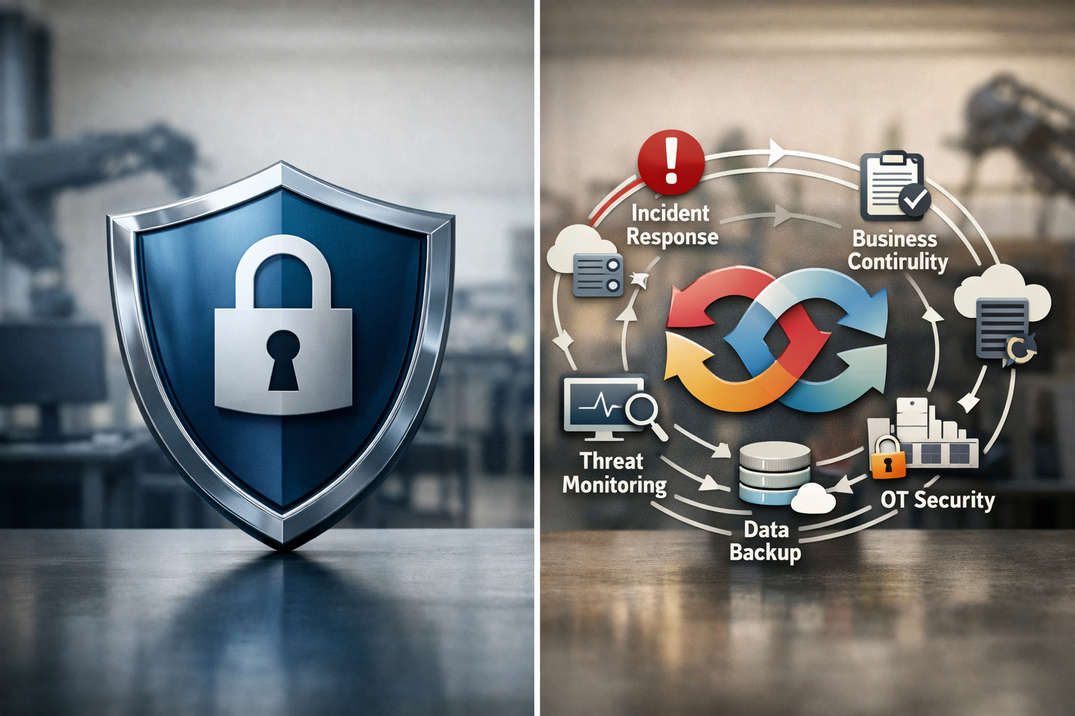 () image showing split-screen comparison of traditional cybersecurity shield icon versus cyber resilience concept with