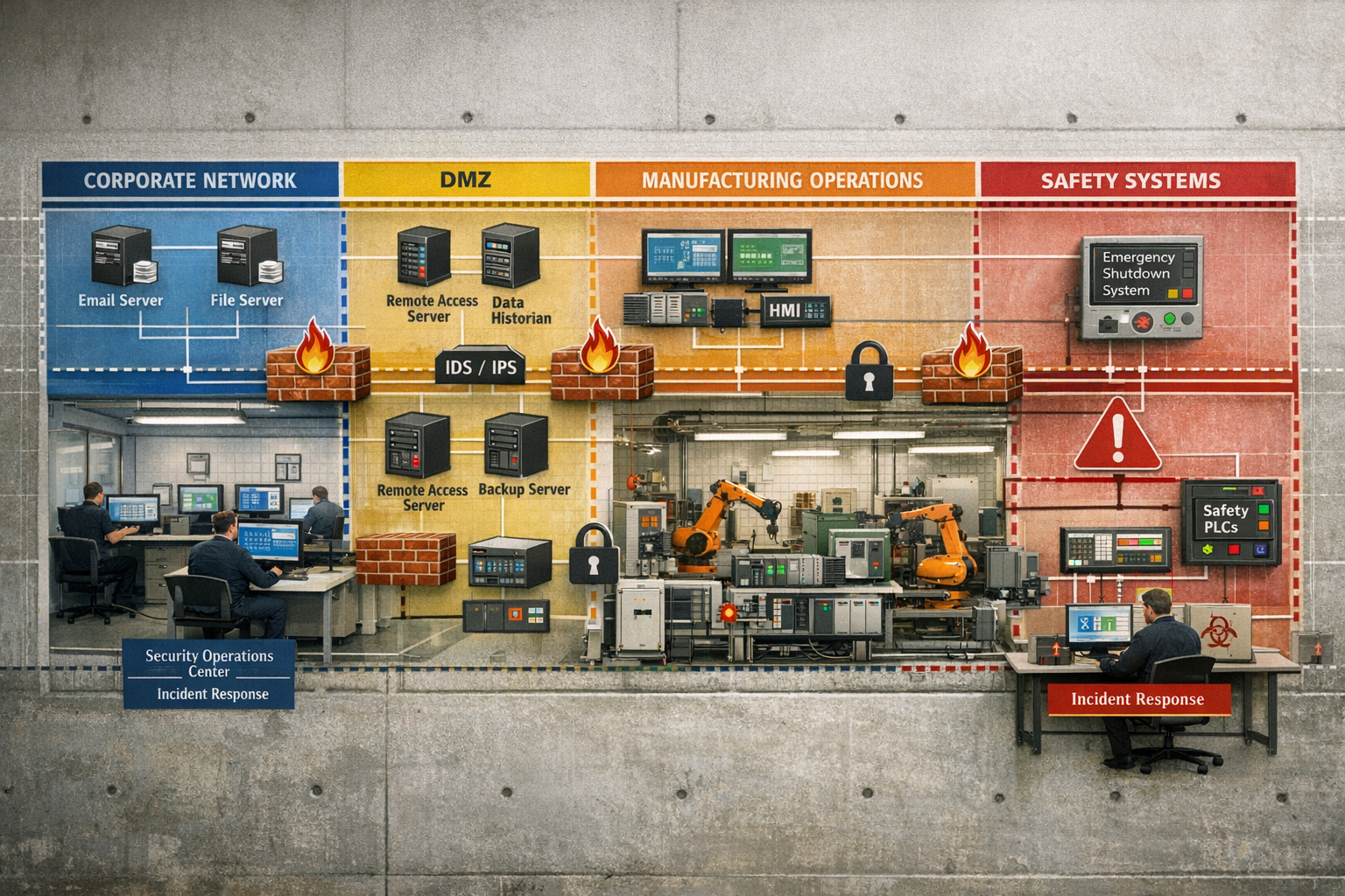 Detailed () industrial facility cross-section diagram showing IT and OT network segmentation with clearly marked zones -