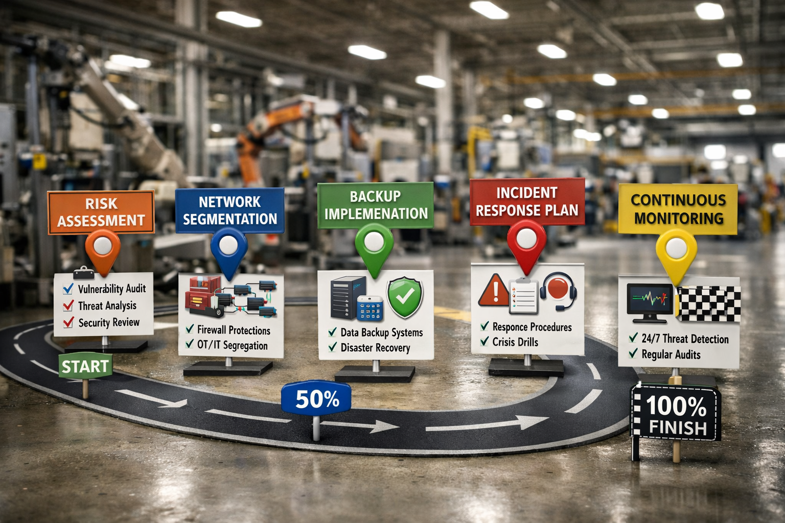 () step-by-step manufacturing cybersecurity roadmap visualization showing timeline from assessment through implementation.