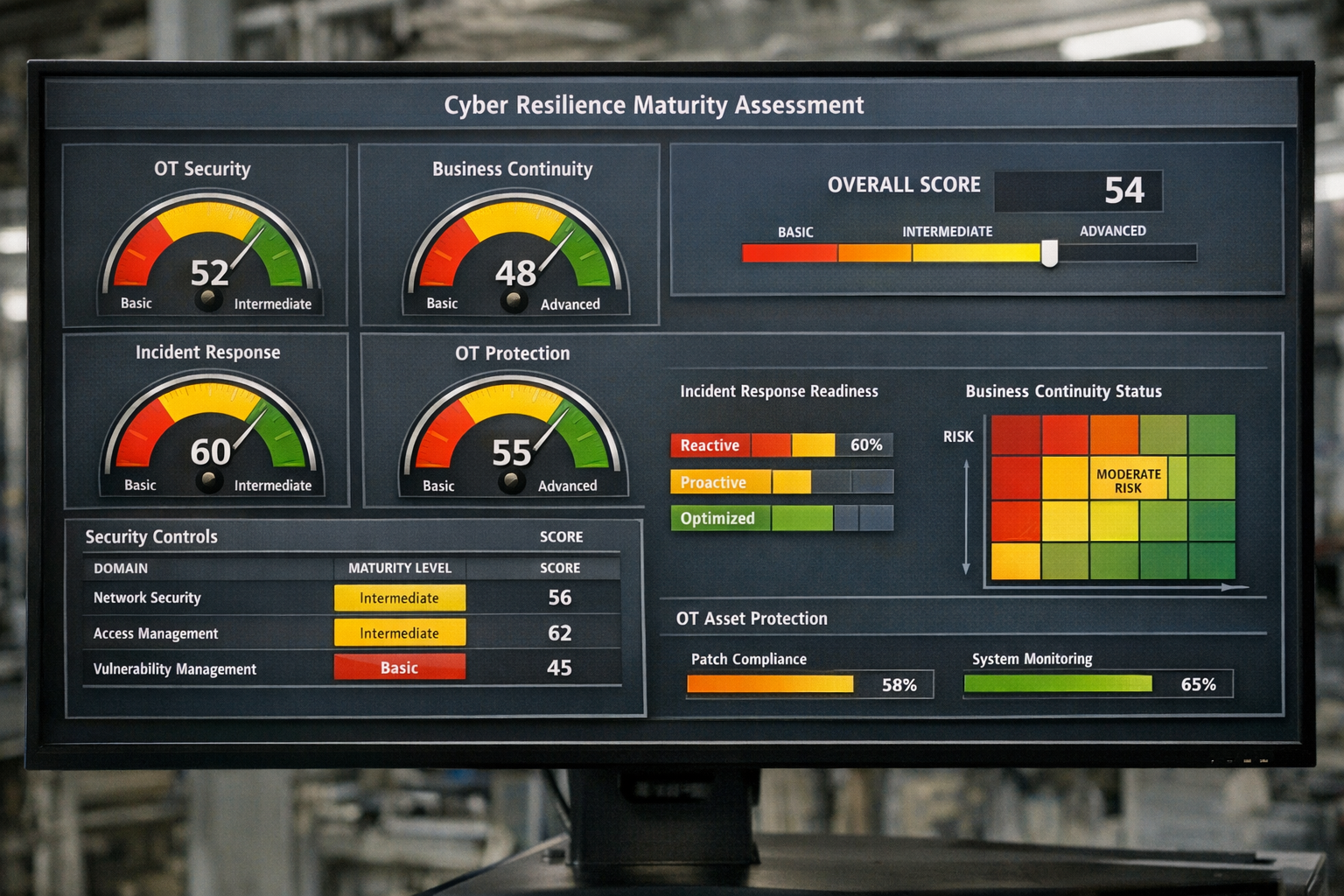 () cyber resilience maturity assessment dashboard showing different levels from basic to advanced. Circular gauge displays,