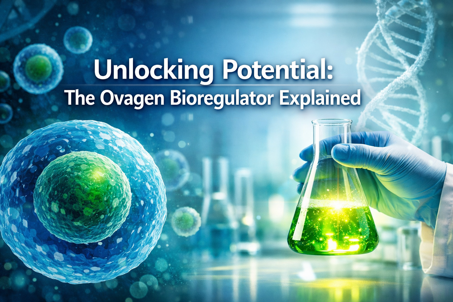 Professional landscape hero image (1536x1024) with bold text overlay: 'Unlocking Potential: The Ovagen Bioregulator Explained', modern sans-
