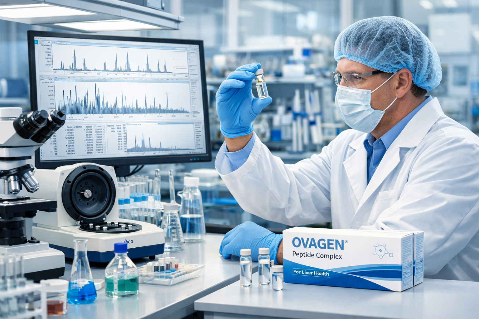 A detailed illustration of a research laboratory setting with various pieces of scientific equipment, such as microscopes, centrifuges, and 