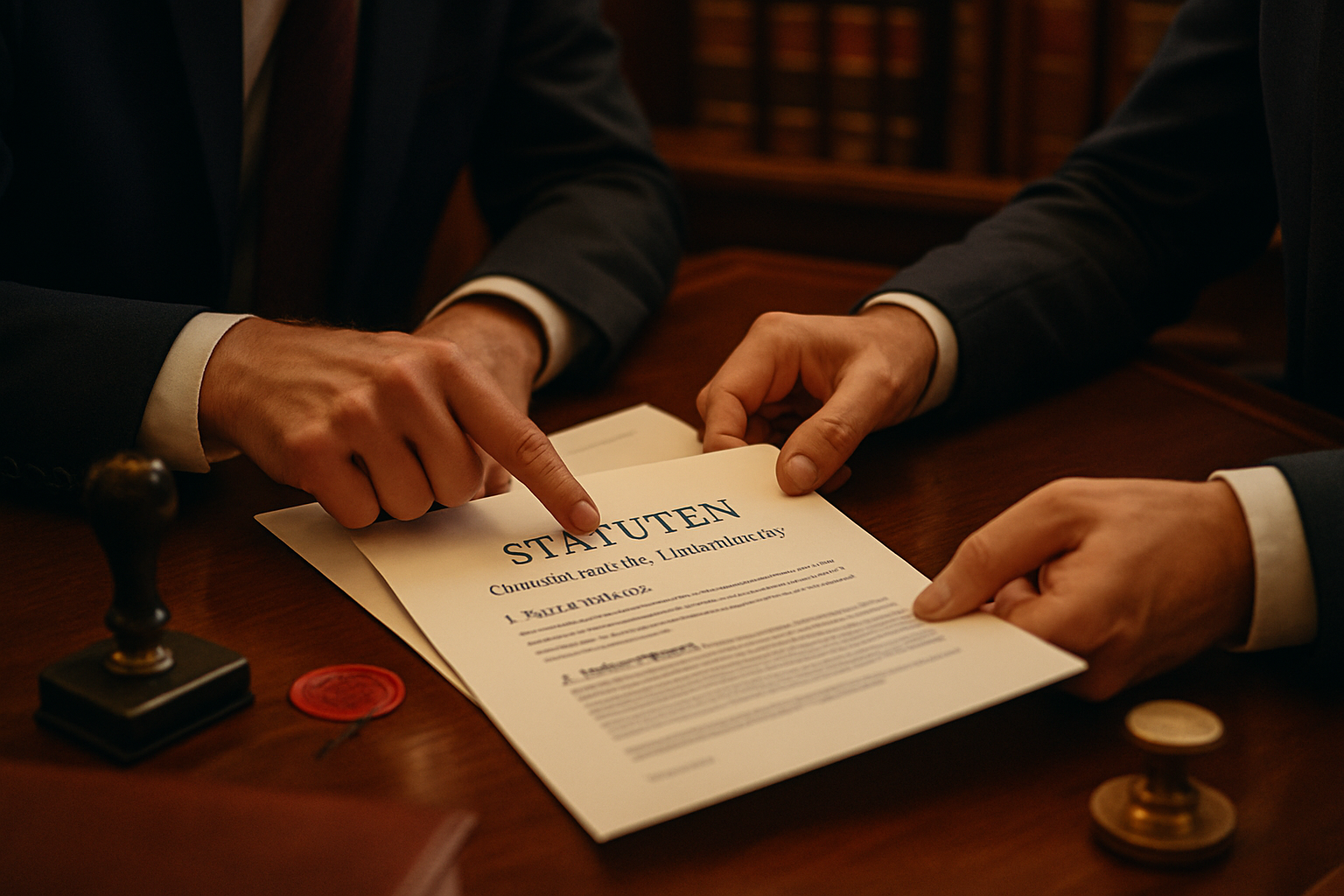 Professional editorial photograph showing Belgian notary office scene with legal professionals reviewing commanditaire vennootschap statuten