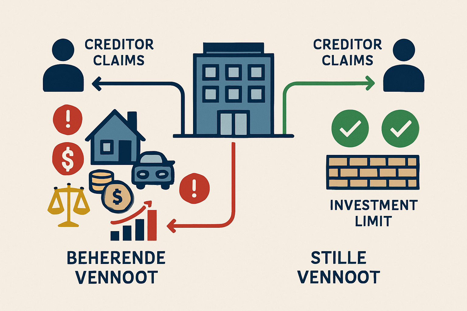 Conceptual business illustration depicting liability scenarios in commanditaire vennootschap: central image of company building with two pat