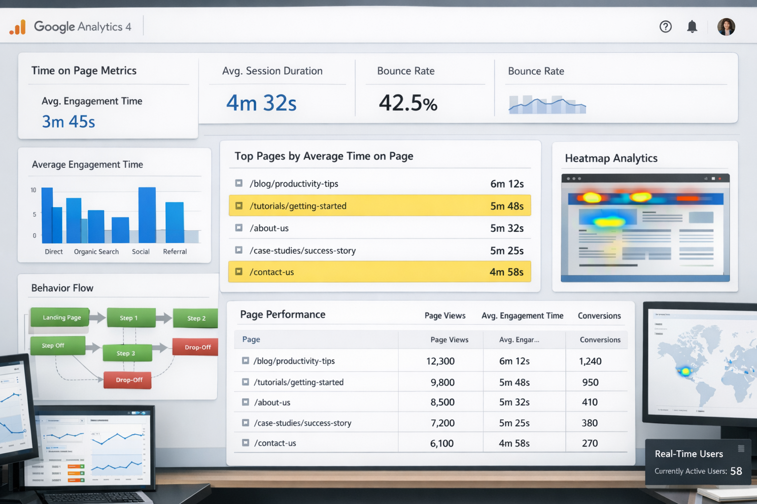 Detailed landscape format (1536x1024) analytics dashboard screenshot showing Google Analytics 4 interface with time on page metrics, average