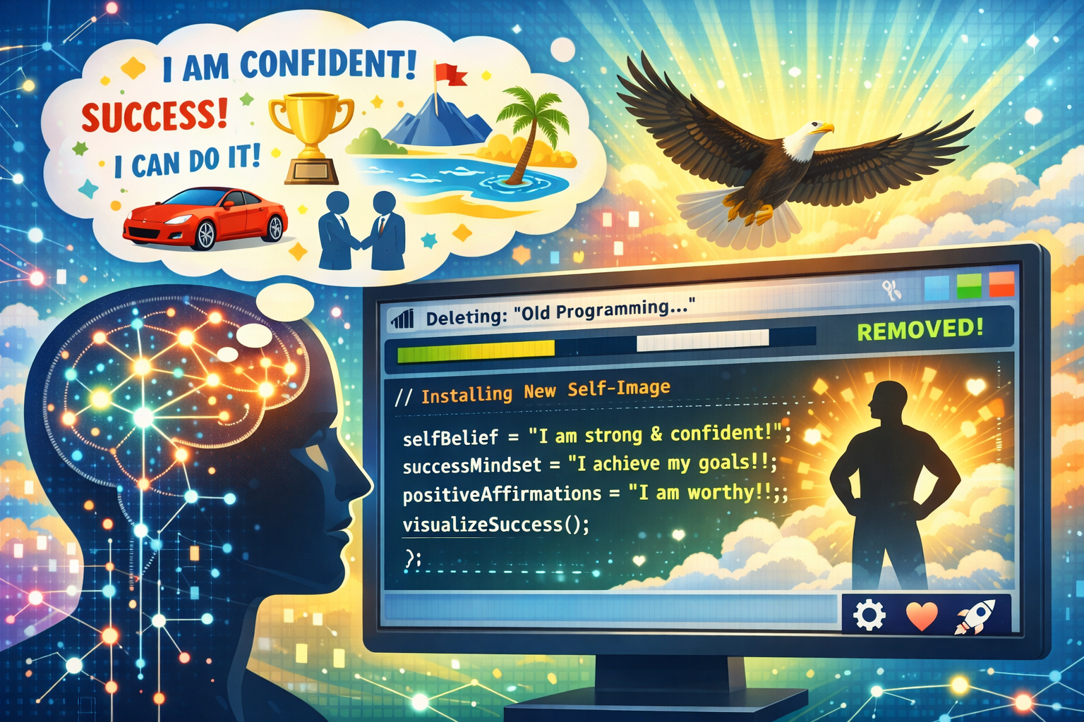 7 Proven Psycho-Cybernetics Tips to Reprogram Your Self-Image 2 Detailed landscape format (1536x1024) image featuring a vibrant, illustrative representation of the mind as a computer screen, with 'Old Pro