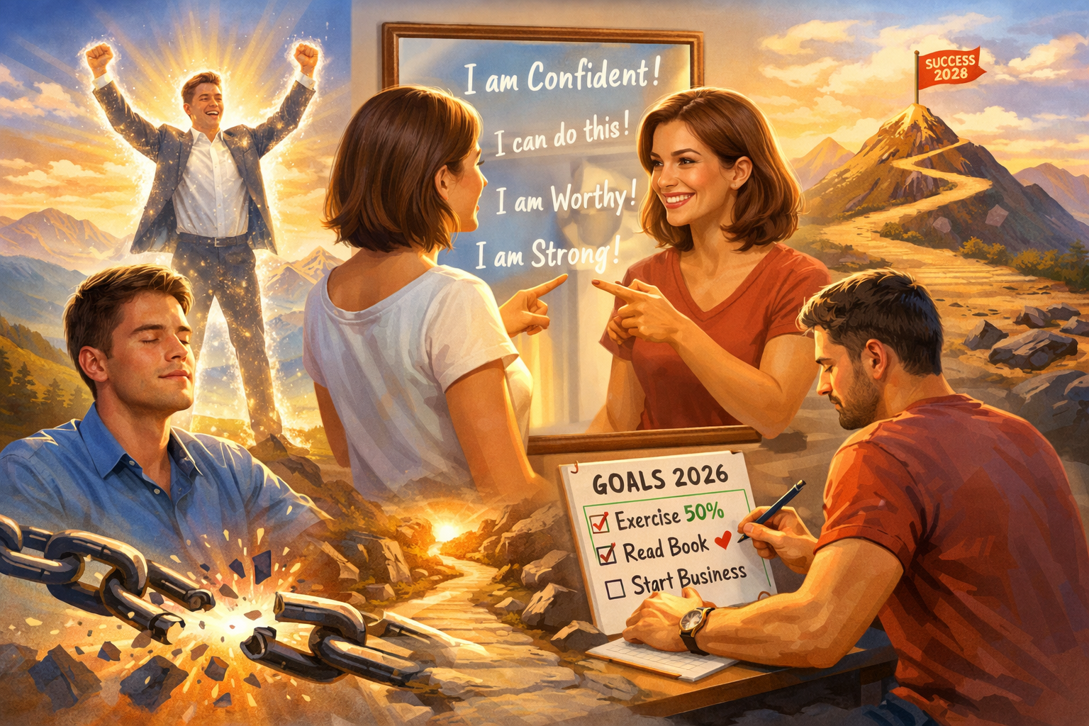 7 Proven Psycho-Cybernetics Tips to Reprogram Your Self-Image 3 Detailed landscape format (1536x1024) image depicting a person actively engaged in various Psycho-Cybernetics techniques. Show a person visu