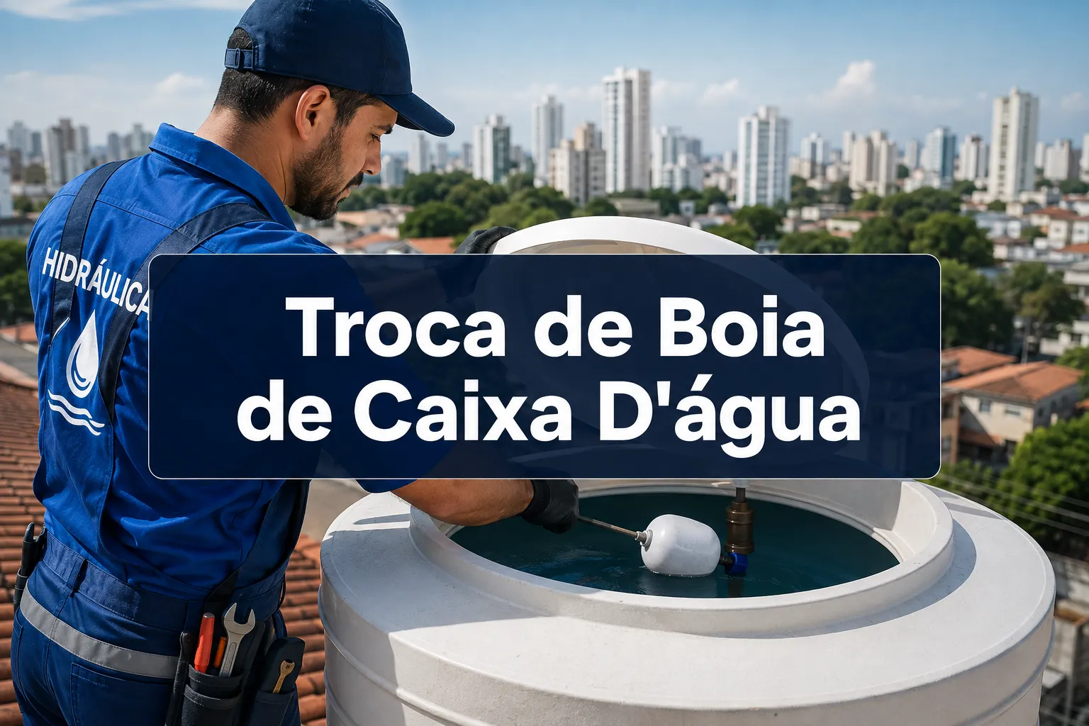 Professional () hero image with Portuguese (≤42 chars): 'Troca de Boia de Caixa D'água' in crisp white on a deep navy