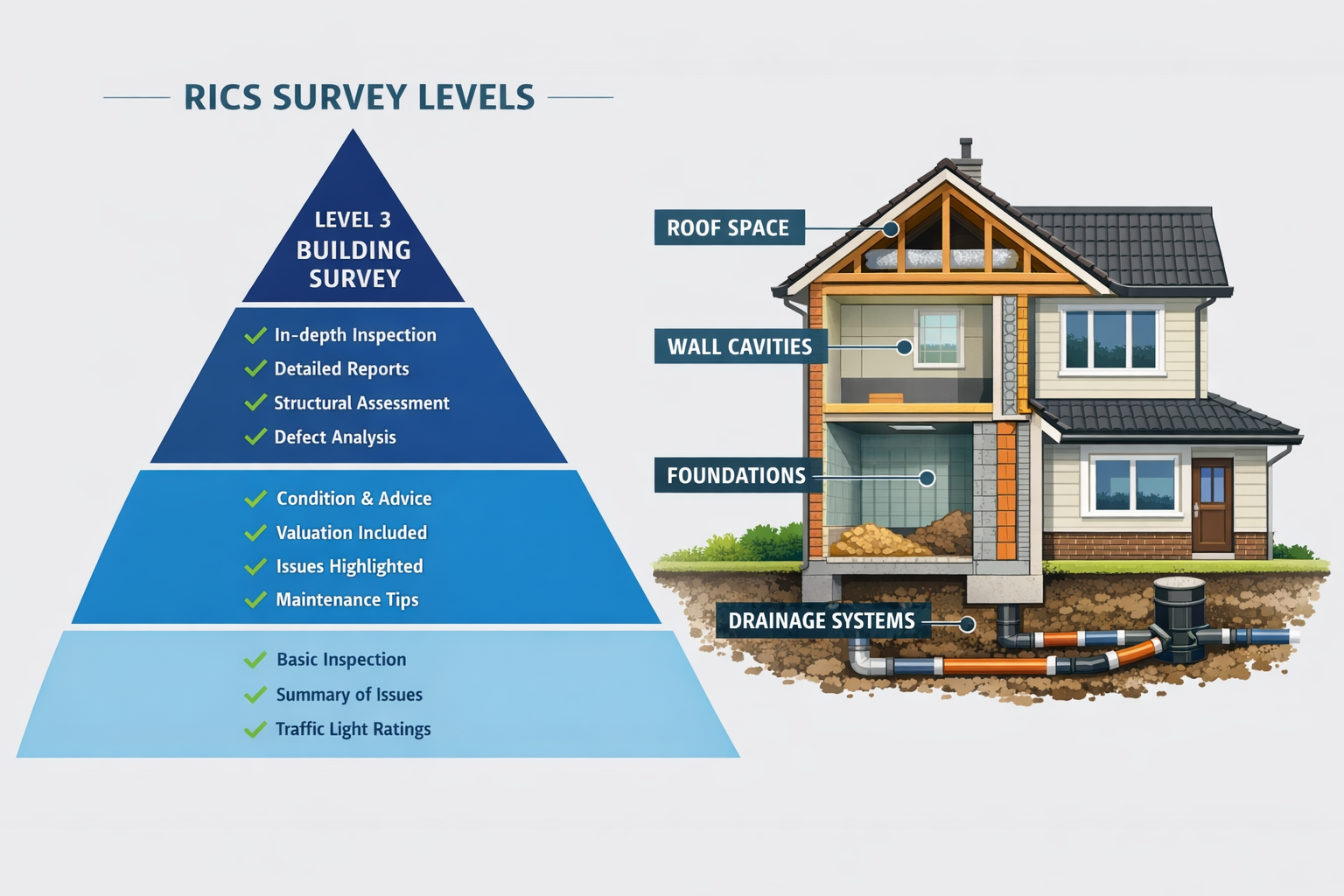 () detailed infographic showing RICS three-tier survey framework pyramid with Level 1 Condition Report at base in light