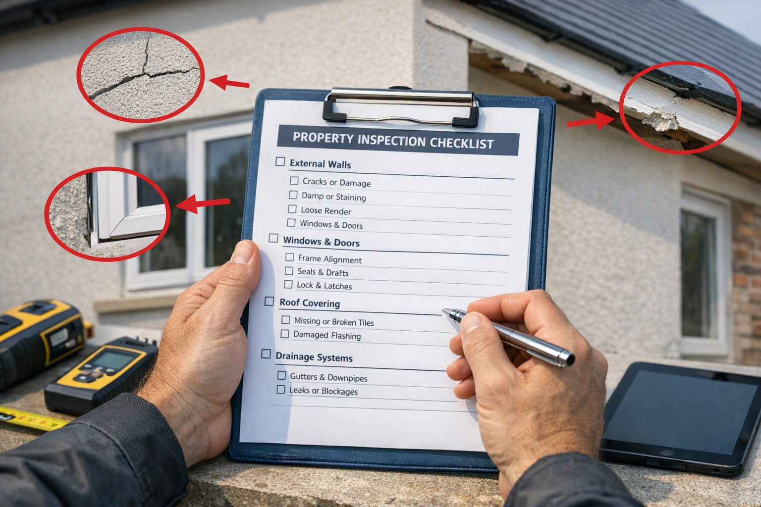 () close-up photorealistic scene of surveyor's hands holding detailed checklist on clipboard with sections visible: