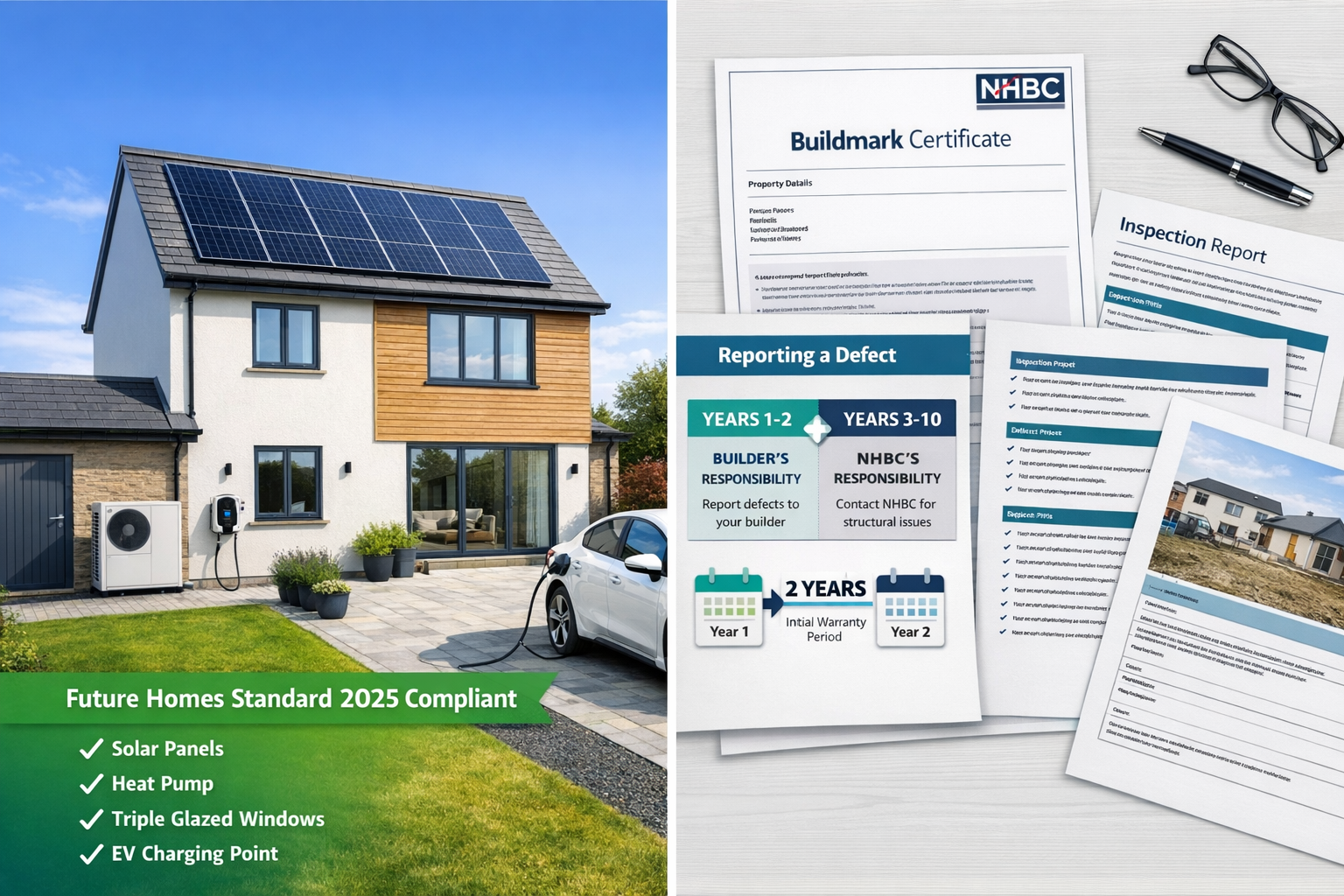 () split-screen comparison image showing left side: modern energy-efficient new build home with solar panels, heat pump