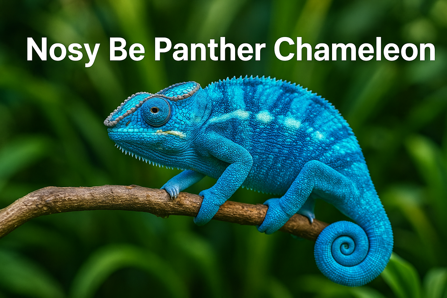 Professional landscape hero image (1536x1024) featuring a stunning bright blue Nosy Be panther chameleon perched on natural Madagascar branc