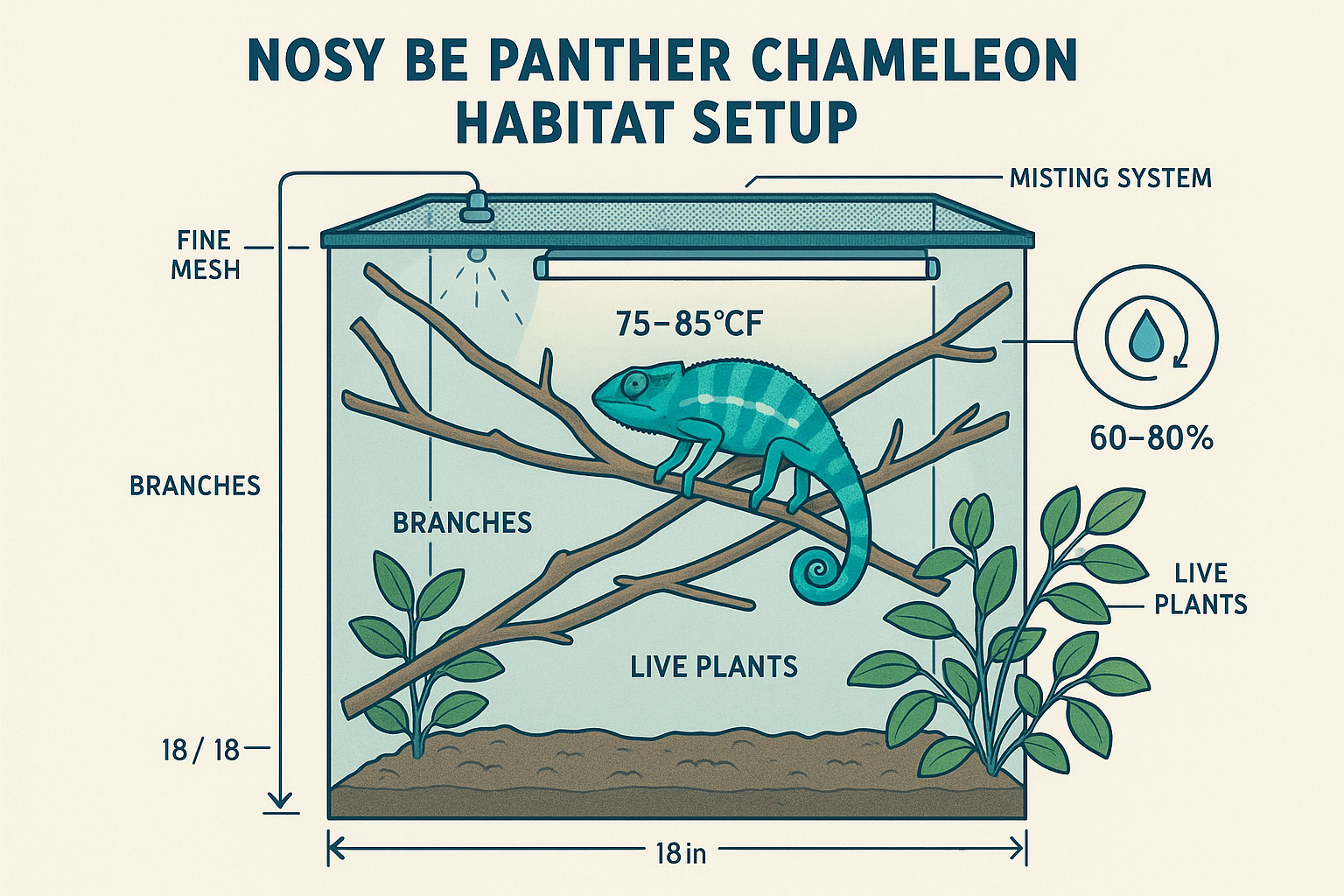 Detailed infographic showing Nosy Be panther chameleon habitat setup with terrarium cross-section view, temperature zones (75-85°F), humidit
