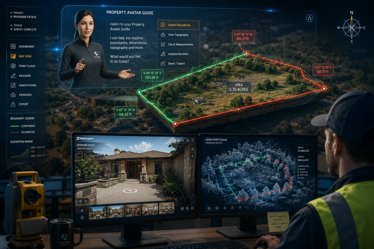 () detailed illustration showing an AR/VR avatar guide floating above a property plot map, with glowing red and green