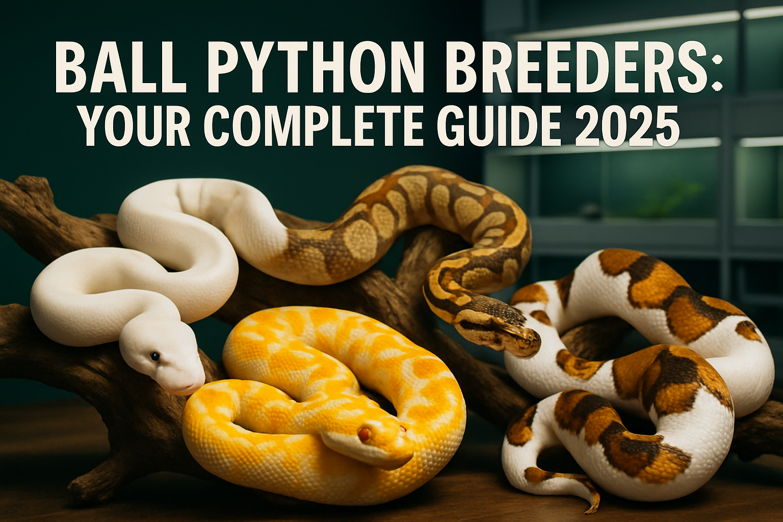 Professional landscape hero image (1536x1024) featuring bold text overlay 'Ball Python Breeders: Your Complete Guide 2025' in extra large 70
