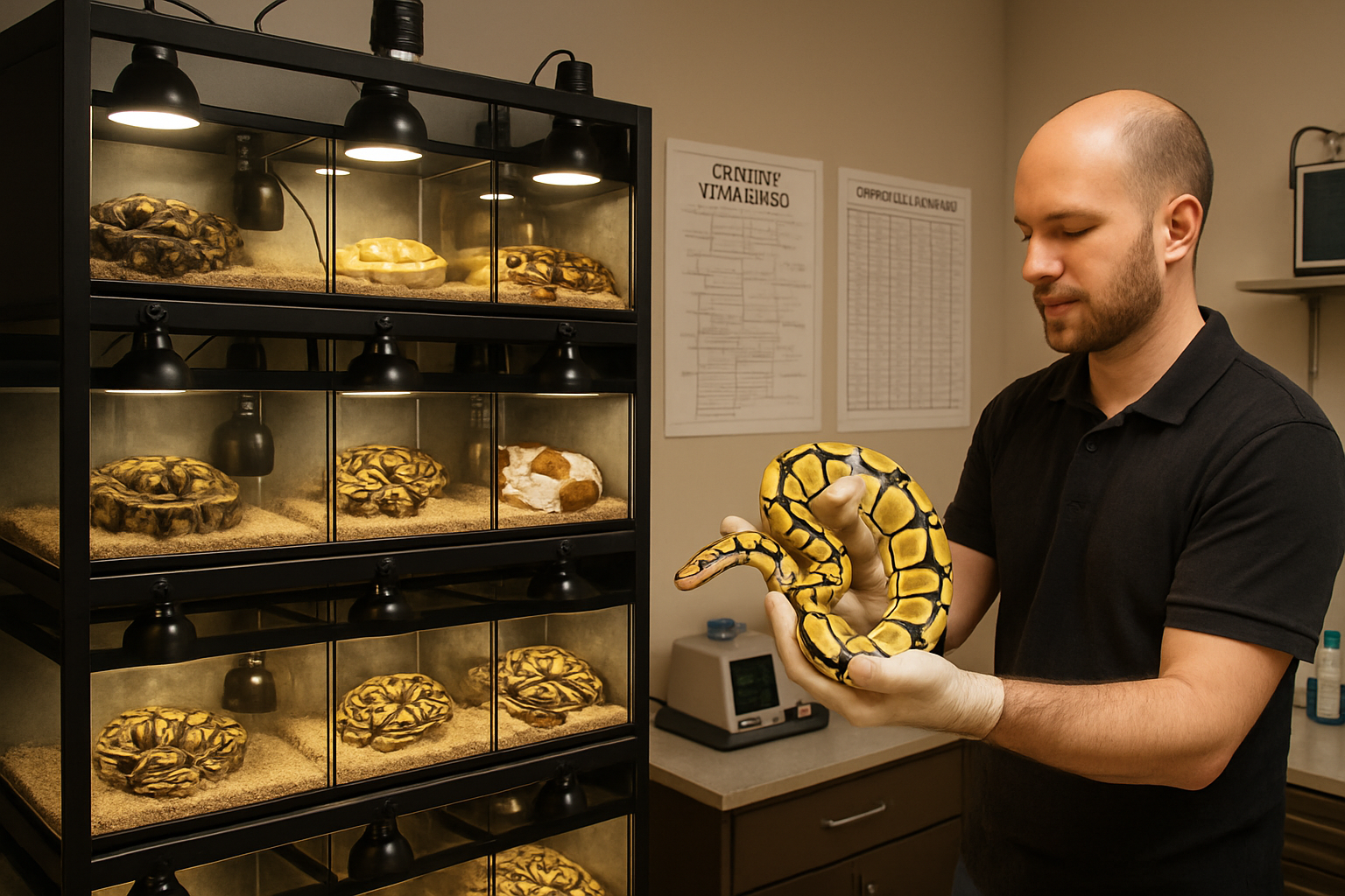Detailed landscape image (1536x1024) showing professional ball python breeding facility with multiple glass terrariums containing various mo