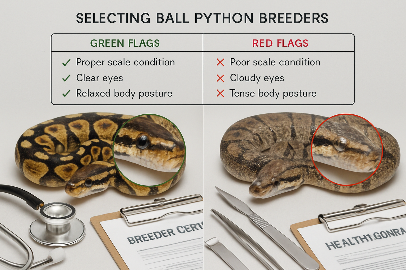 Landscape composition (1536x1024) featuring side-by-side comparison of healthy vs unhealthy ball python specimens, magnified details showing