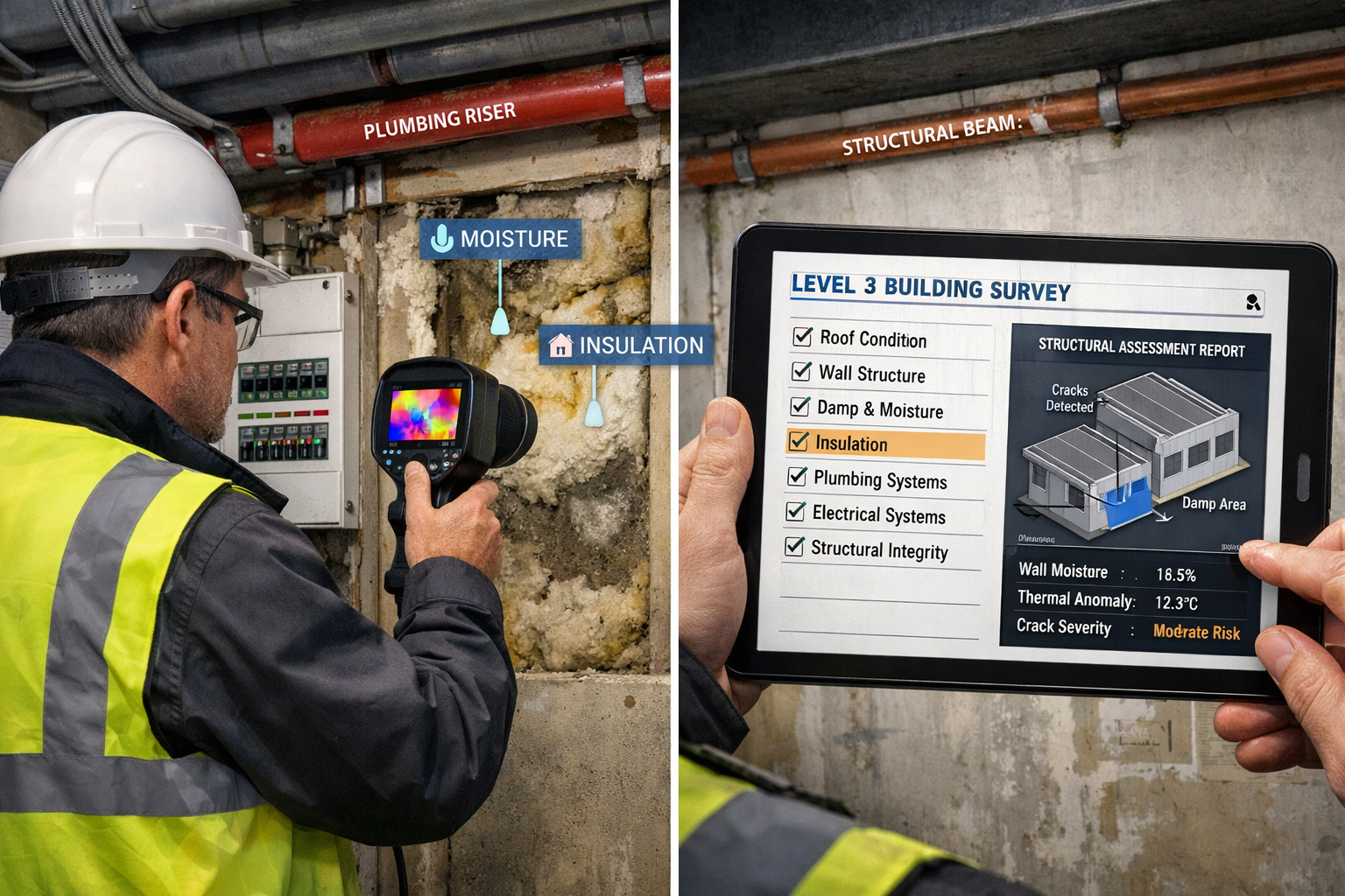 () detailed image showing professional chartered surveyor conducting comprehensive Level 3 building survey inspection inside