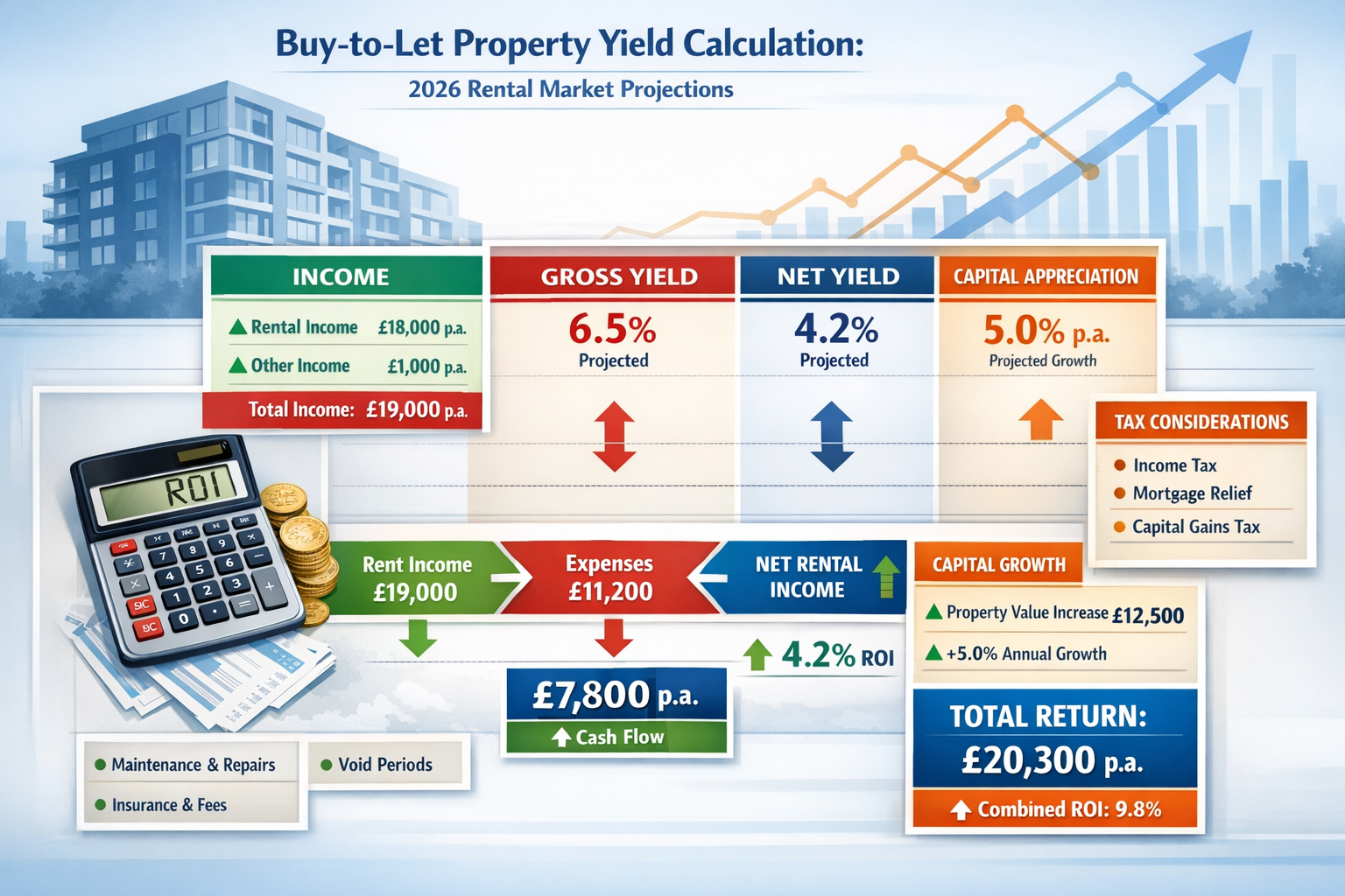 () infographic-style image displaying detailed yield calculation framework for buy-to-let property assessment. Central focus
