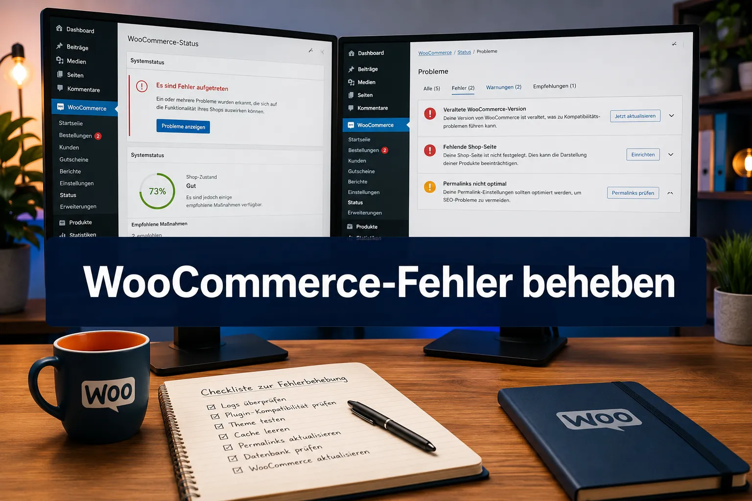 Professional () hero image with (≤42 chars): 'WooCommerce-Fehler beheben' in crisp white on a deep navy semi-transparent